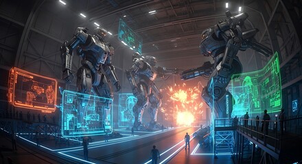 Three giant robots stand in a hangar surrounded by holographic displays and people.