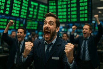Excited traders celebrating success on stock market floor