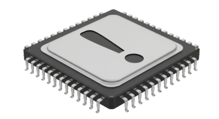 Isolated computer chip with an exclamation point for a warning or important alert, technology