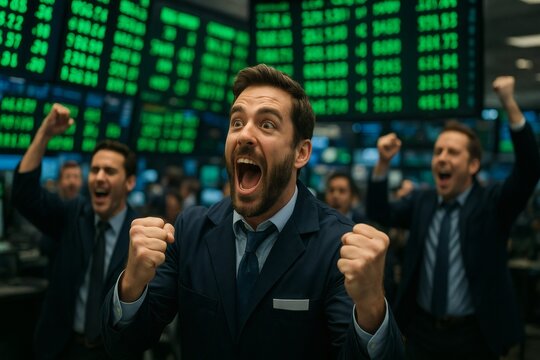 Excited traders celebrating success on stock market floor