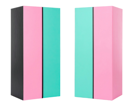 Two vertically striped rectangular boxes, vibrant pink, teal, and black