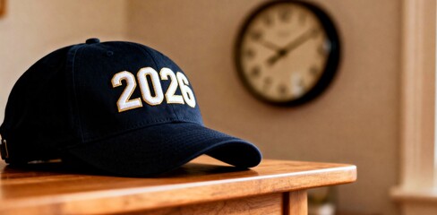 Black baseball cap with embroidered gold 2026 text on wooden table indoors, classic graduation year fashion accessory, vintage clock background. Generative AI.