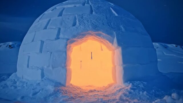 Illuminated Igloo Glows in a Snowy Arctic Landscape on a Cold Winter Night With Mountains in the Background
