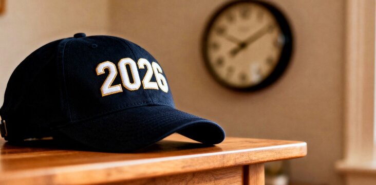 Black baseball cap with embroidered gold 2026 text on wooden table indoors, classic graduation year fashion accessory, vintage clock background. Generative AI.