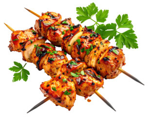 Two skewers of grilled chicken and onions, glazed with a reddish-brown sauce, topped with fresh parsley