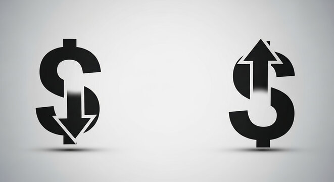 Financial trend showing down arrow with dollar symbol, followed by financial trend with upward direction of arrow.