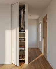 Minimalist hallway closet with open doors and organized storage in soft daylight 
