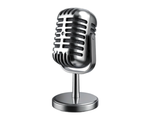 Shiny chrome vintage microphone, stage-ready, standing on a round silver base