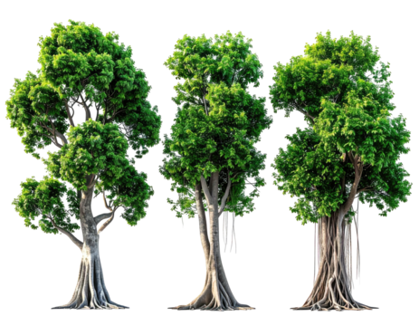 Three lush green trees, different species, isolated on black