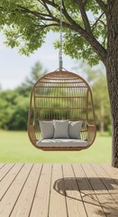 Tranquil outdoor scene featuring a hanging wicker chair suspended from a tree