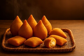 Inviting golden-hour shot of hot Brazilian snacks, great for bakery ads or cultural food features.