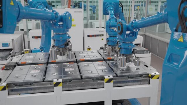 Blue robotic arms assembling battery modules of electric vehicles. Fully automated EV production line with AI and autonomous robots. Modern electric car factory. Close-up. 3d animation render