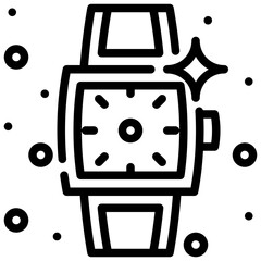 Watch outline icon showcases a stylish wristwatch surrounded by shimmering dots and a star.