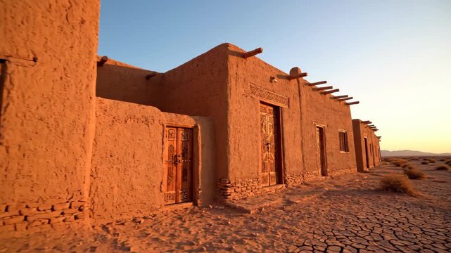 Exploring Mud Brick Buildings in a Desert Landscape at Sunset, Old Architecture in Remote Iran