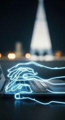 Futuristic interaction: Holographic hands typing on a laptop with urban backdrop