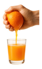 Fototapeta na wymiar Hand squeezing ripe orange, pouring juice into a glass.
