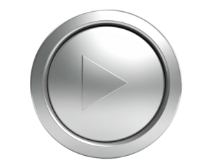 Shiny, metallic, circular button with a simple, centered, white triangle