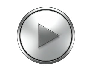 A metallic, circular button with a play symbol; set against a black backdrop