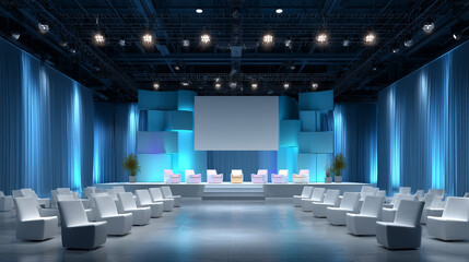 Corporate Symposium Stage with Modern Chairs Arranged for Speakers, Bright Spotlights, and Wide Central Backdrop Empty for Branding or Presentation