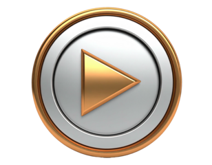 Glossy, metallic play button within a layered circle, set against a dark background