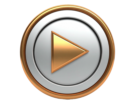 Glossy, metallic play button within a layered circle, set against a dark background