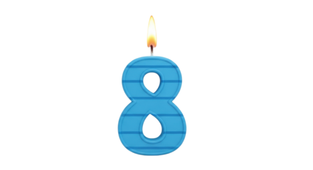 Isolated blue number eight candle, festive birthday celebration, anniversary symbol, flame