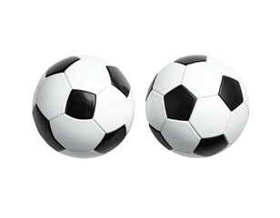 Two soccer balls, black and white, side by side