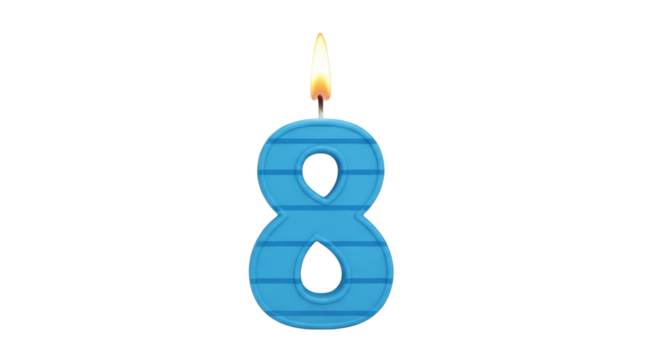 Isolated blue number eight candle, festive birthday celebration, anniversary symbol, flame
