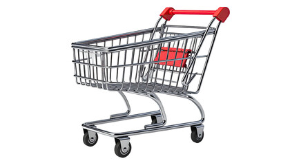 A shiny metallic shopping cart with a red handle and cart interior on a black background