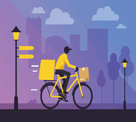 Vector illustration of online shopping and package delivery by bike courier in city background, modern flat design
