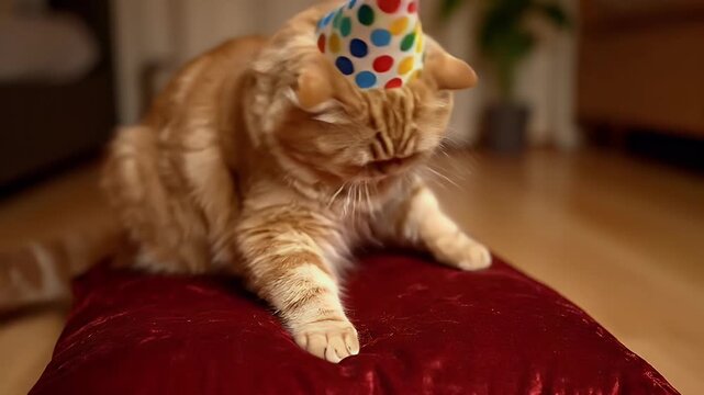 Adorable ginger cat in a polka dot party hat on a red velvet cushion, celebrating a special occasion or birthday indoors