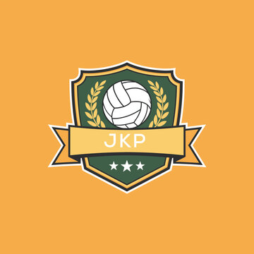 JKP Volleyball Logo Design JKP Modern Sports Shield Emblem with Ball, Laurel and Ribbon for Volleyball Club, JKP Tournament and Team Branding
