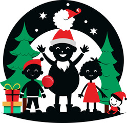  children enjoying Christmas with Santa clause silhouette black icon