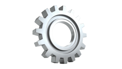 A metallic, 3D gear, set against a stark black background, shows detailed teeth