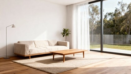 Minimalist living room with oak floor sofa and coffee table by glass doors 
