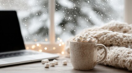 A cozy mug of hot chocolate with marshmallows in winter