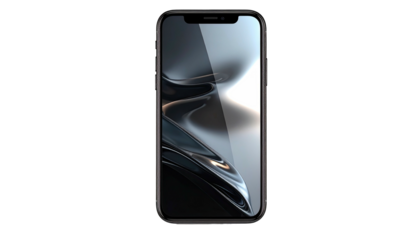 Sleek black phone with a glossy, reflective screen, centered on a black background