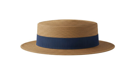 Isolated boater straw hat with navy ribbon, classic summer headwear for men and women alike