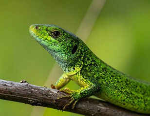 Obraz premium Close-up of a vibrant green lizard (1)