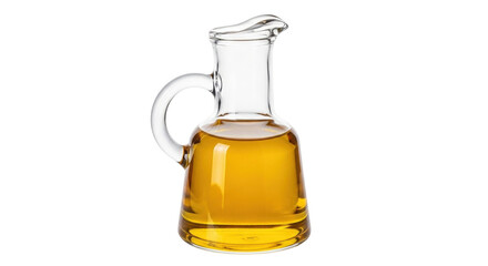 Isolated carafe of golden cooking oil, with handle, kitchenware item on display, no background