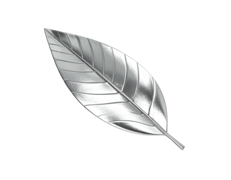 Shiny, metallic silver leaf, rendered with detailed veins, isolated on black background
