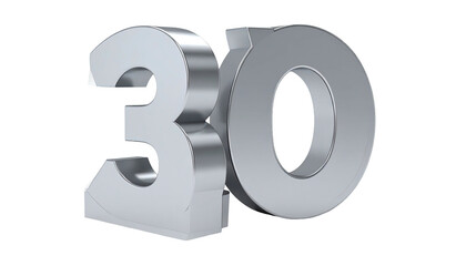 Rendered three-dimensional number 30, metallic silver color, isolated on black background