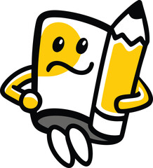 A cartoon pencil with a frown holds a pencil, illustrating a humorous yet sorrowful character in a playful design.