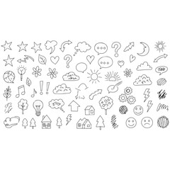 High-Quality Hand-Drawn Doodle Vector Set: Icons & Elements for Web Design, Education, and Creative Projects. Includes Arrows, Stars, Weather, Coffee, House, Camera, and Book Sketches.