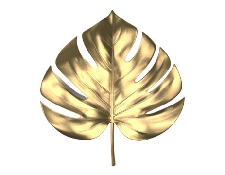 Golden, digitally rendered, monstera leaf against a black background