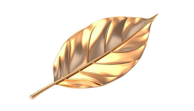 A lustrous, golden leaf rendered with detailed texture, set against a black background