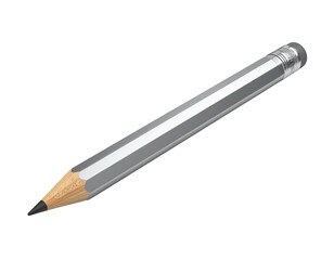 Angled, graphite writing tool with eraser, a silver-gray finish, and black background