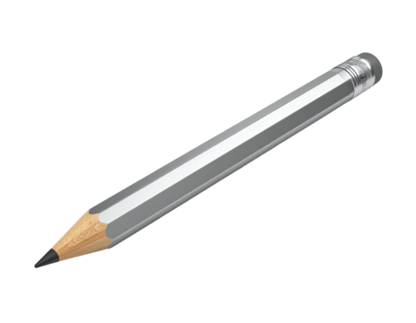 Angled, graphite writing tool with eraser, a silver-gray finish, and black background