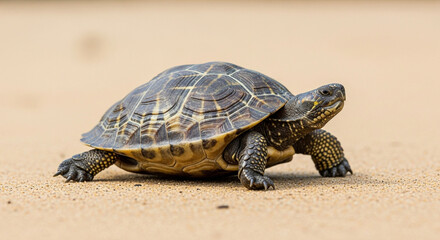 Obraz premium A hermanns tortoise walking on the sand in a sunny day, showcasing its patterned shell and textured skin in a natural setting