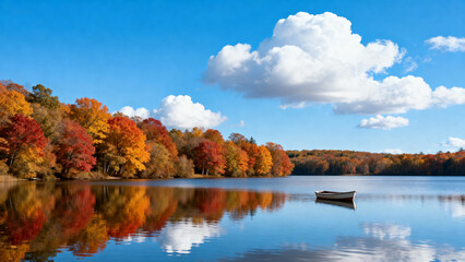 Fototapeta premium AutumnLakeWithBoat